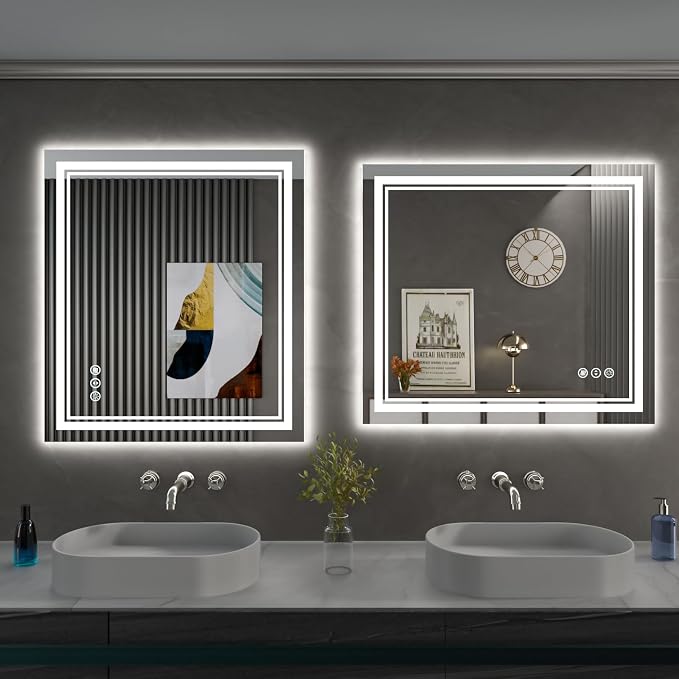 32x36 Inch LED Bathroom Mirror with Lights | Front and Backlit, 3 Colors, Dimmable, Memory, Anti Fog, Shatterproof, Horizontal/Vertical, Lighted Mirrors for Bathroom Wall
