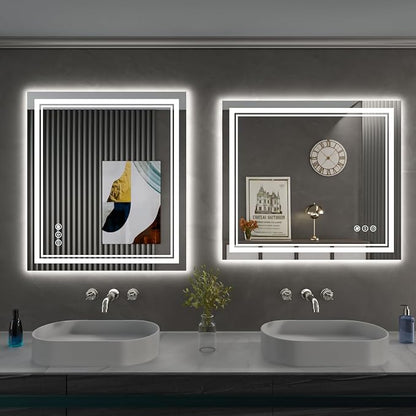 32x36 Inch LED Bathroom Mirror with Lights | Front and Backlit, 3 Colors, Dimmable, Memory, Anti Fog, Shatterproof, Horizontal/Vertical, Lighted Mirrors for Bathroom Wall