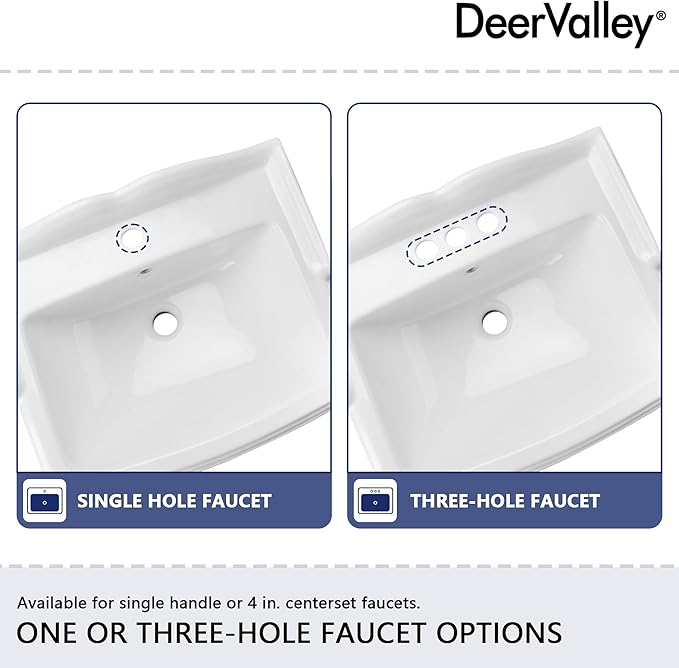 DeerValley Dynasty 23x19 Inch White Ceramic Pedestal Bathroom Sink with Overflow, Single Faucet Hole, DV-1P52201