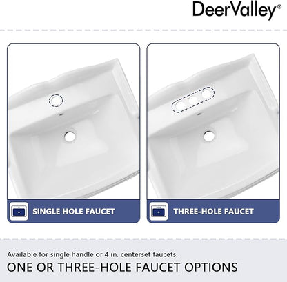 DeerValley Dynasty 23x19 Inch White Ceramic Pedestal Bathroom Sink with Overflow, Single Faucet Hole, DV-1P52201