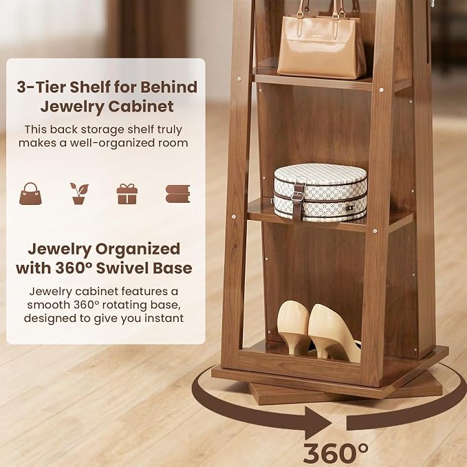 4-In-1 Jewelry Cabinet Jewelry Armoire Lockable Standing, Brown | Jewelry Organizer with Storage, Full-Length Mirror, 3 Storage Shelves, Makeup Mirror, 360 ° Swivel Jewelry Armoire for Women
