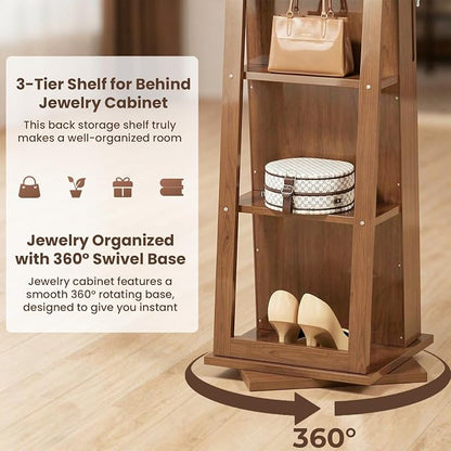 4-In-1 Jewelry Cabinet Jewelry Armoire Lockable Standing, Brown | Jewelry Organizer with Storage, Full-Length Mirror, 3 Storage Shelves, Makeup Mirror, 360 ° Swivel Jewelry Armoire for Women