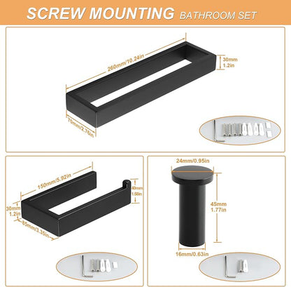 SAYAYO 6-Piece Bathroom Hardware Set Black, Includes 10 Inch Towel Bar | Toilet Paper Holder & 4Pcs Coat Hooks Wall Mount, Towel Racks for Bathroom Accessories Set SUS304 Stainless Steel