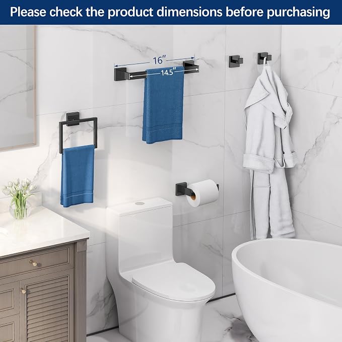 Gypie Bathroom Hardware Accessories Set, 5-Piece 16In Black Wall Mounted | Towel Racks for Bathroom Stainless Steel Towel Bar Rack Set