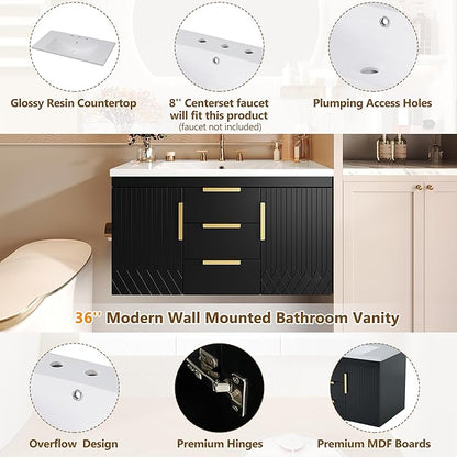 36 Inch Bathroom Vanity with Sink, Wall Mounted Bathroom Storage Cabinet with 2 Doors and 2 Drawers, Floating Bathroom Vanities with Decor Line
