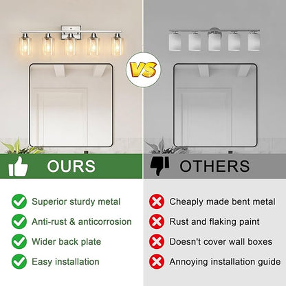 Ascher Bathroom Light Fixtures, 5-Light Vanity Lights with Clear Glass Shade, Modern Brushed Nickel Wall Light for Mirror Bedroom Hallway Cabinet Porch