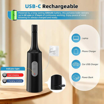 Hibbent Portable Bidet for Travel, High Pressure Electric Handheld Bidet Sprayer, 350-550ML Expandable Bottle for Personal Hygiene, USB-C Rechargeable Waterproof, Travel Sprayer for Women & Men, Black