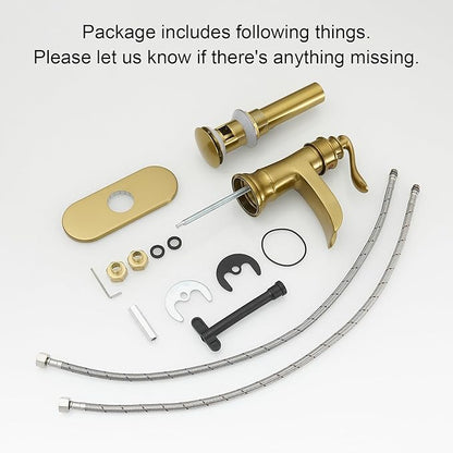 BWE Waterfall Bathroom Faucet Brushed Gold Bathroom One Hole Single Handle Vanity Sink Faucet with Pop Up Drain Assembly and Supply Hose