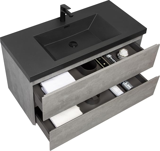 42 Inch Floating Bathroom Vanity with Sink, Modern Grey Wall Mounted Floating Vanity with Scratch-Resistant Quartz Sand Basin and Soft Closing Drawers, Pre Assembled Bathroom Vanity