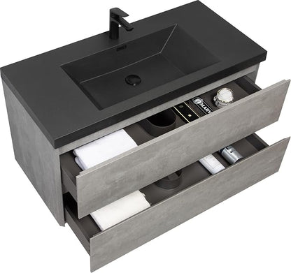 42" Floating Bathroom Vanity with Sink, Modern Wall-Mounted Bathroom Storage Vanity Cabinet with Two Black Quartz Sand Top Basins and Four Soft Close Drawers, Cement Grey
