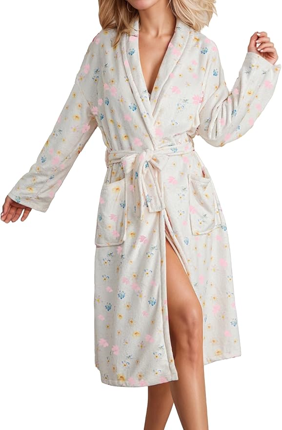 Women Fleece Fruit Print Robe Cute Robes for Women Spring Summer Lightweight Bathrobe Soft Flannel Gown with Belt