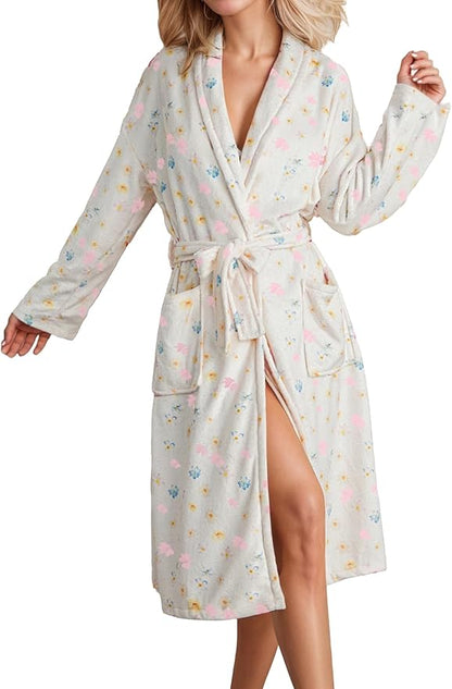 Women Fleece Fruit Print Robe Cute Robes for Women Spring Summer Lightweight Bathrobe Soft Flannel Gown with Belt