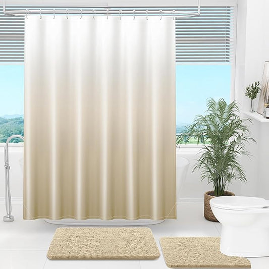 OLANLY Luxury Light Beige and White Ombre Shower Curtain Sets with 12 Hooks, Waterproof and Washable Decorative Shower Curtains for Bathroom, 72x72 Inches