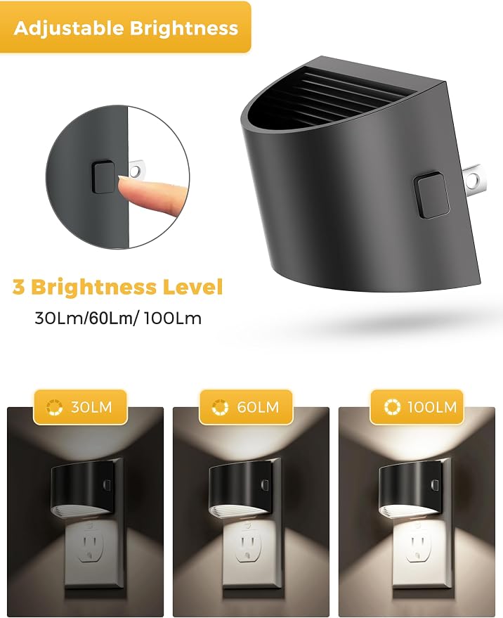 L LOHAS LED Night Lights Plug into Wall, Dimmable Night Light 2 Pack | Plug in Night Light with 3 Level Brightness, 5000K Daylight, Black Housing