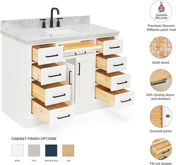 Isabella 48-Inch Bathroom Vanity with Sink — White Single Sink Bathroom Vanity, 1.5" Edge Italian Carrara Marble Top, Solid Wood, 2 Soft-Close Doors, 8 Dovetail Drawers + Tilt Drawer