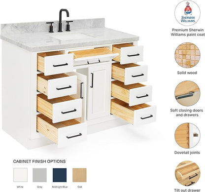 Isabella 48-Inch Bathroom Vanity with Sink — White Single Sink Bathroom Vanity, 1.5" Edge Italian Carrara Marble Top, Solid Wood, 2 Soft-Close Doors, 8 Dovetail Drawers + Tilt Drawer