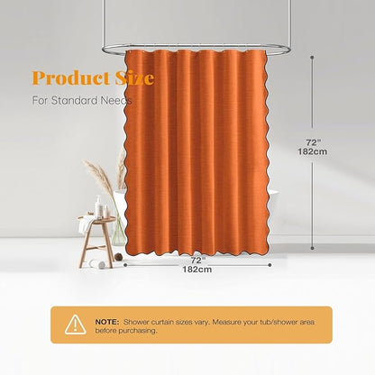 BTTN Burnt Orange Scalloped Shower Curtain, Linen Textured Heavy Duty Fabric Shower Curtain Set with 12 Plastic Hooks, Rustic Modern Farmhouse Waterproof Cloth Shower Curtain for Bathroom, 72x72