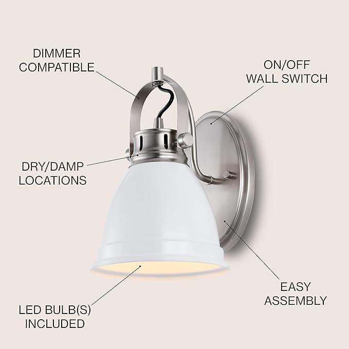 JONATHAN Y 7" White/Nickel 1-Light LED Vanity Light, Adjustable Wall Sconce for Bathroom Mirror, Farmhouse Bohemian Kitchen Light, Iron Black Bell Shade (JYL1114B)