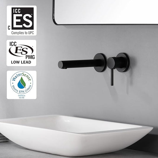 SUMERAIN Matte Black Wall Mount Bathroom Sink Faucet Modern Lavatory Vessel Faucet Single Handle