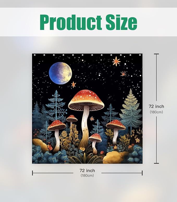 Shower Curtain for Bathroom Stall Boho Modern Cute Aesthetic Decorative Girly Waterproof Unique Mushroon Plants Girls Chic Print Design Teen Pretty Women Cortinas de Baño Bathtub 72 x72 Inch
