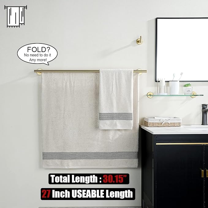 JQK Double Bath Towel Bar, Brushed Gold 30 Inch 304 Stainless Steel Thicken 0.8mm Towel Rack for Bathroom, Towel Holder Wall Mount, 27 Inch Useable Length, TB100L27-BG