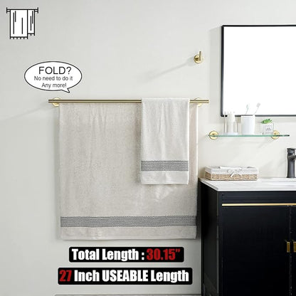 JQK Double Bath Towel Bar, Brushed Gold 30 Inch 304 Stainless Steel Thicken 0.8mm Towel Rack for Bathroom, Towel Holder Wall Mount, 27 Inch Useable Length, TB100L27-BG