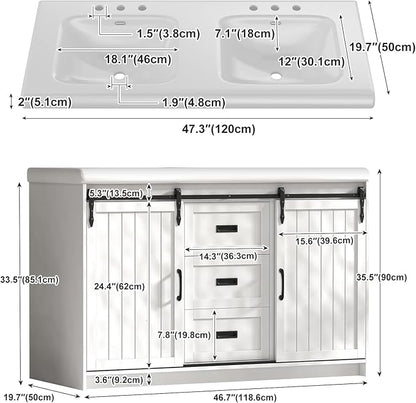 48 inch Bathroom Vanity with Sink,Farmhouse Bathroom Vanity,Double Bathroom Vanity with Sink Combo,2 Sliding Doors&2 Drawer,White,48”*19.7“*35.5”