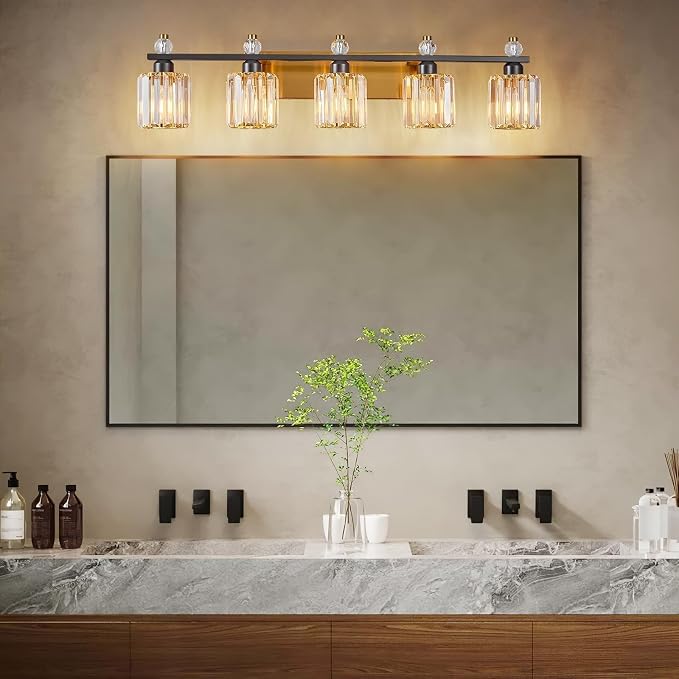 Bathroom Vanity Lights 5-Light Black Gold Modern Crystal Vanity Light Fixtures Over Mirror Crystal Bathroom Vanity Lighting Fixtures