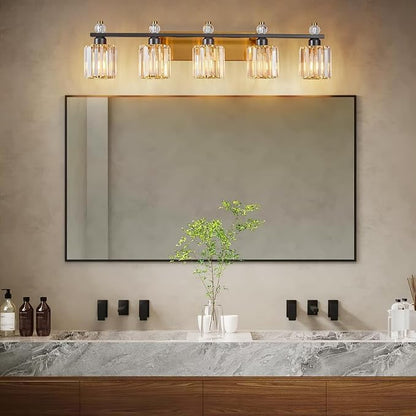 Bathroom Vanity Lights 5-Light Black Gold Modern Crystal Vanity Light Fixtures Over Mirror Crystal Bathroom Vanity Lighting Fixtures