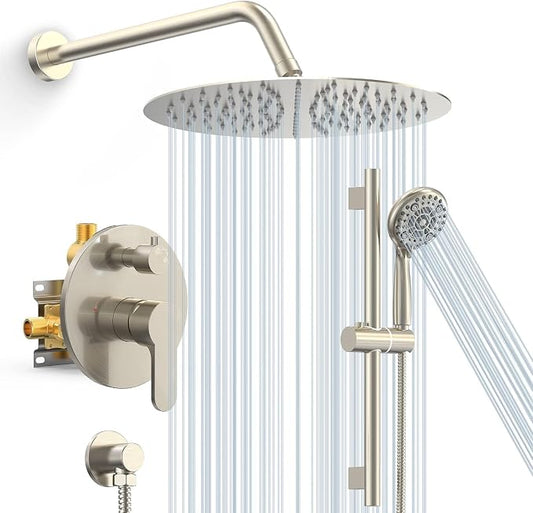 SR SUN RISE 10 Inch Rain Shower System, High Pressure Shower Heads and Handheld 6-Spray Combo Set Slide Bar Shower Faucets Sets Complete Included Valve and Trim Kit for Bathroom, Brushed Nickel