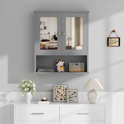 Shintenchi Bathroom Medicine Cabinet with Mirror, Wall Mounted, Gray | Over The Toilet Cupboard, Adjustable Shelf, Open & Concealed Storage, 2 Magnet Doors, Space-Saving, Easy to Clean