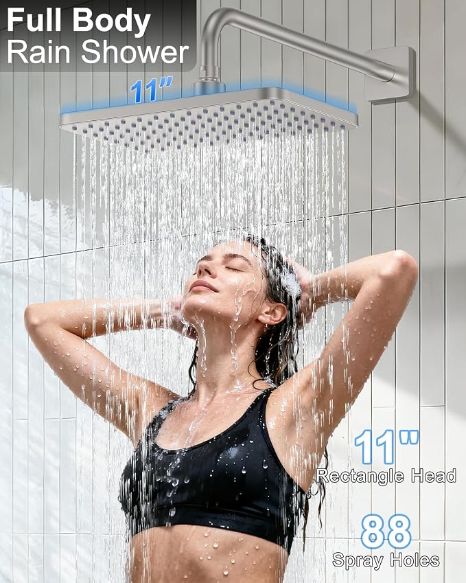 Brushed Nickel 11 Inch Rainfall Shower System – Filtered Handheld Sprayer Shower Head, Complete Bathroom fixtures Set Faucet Mixer Trim & Valve Kit