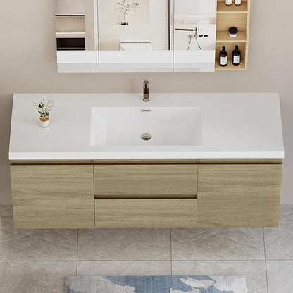 60 Inch Floating Bathroom Vanity with Single Sink, Modern Wall-Mounted Bathroom Vanity Storage Cabinet Organizer with 2 Soft Closing Doors & 2 Drawers (Natural Oak)