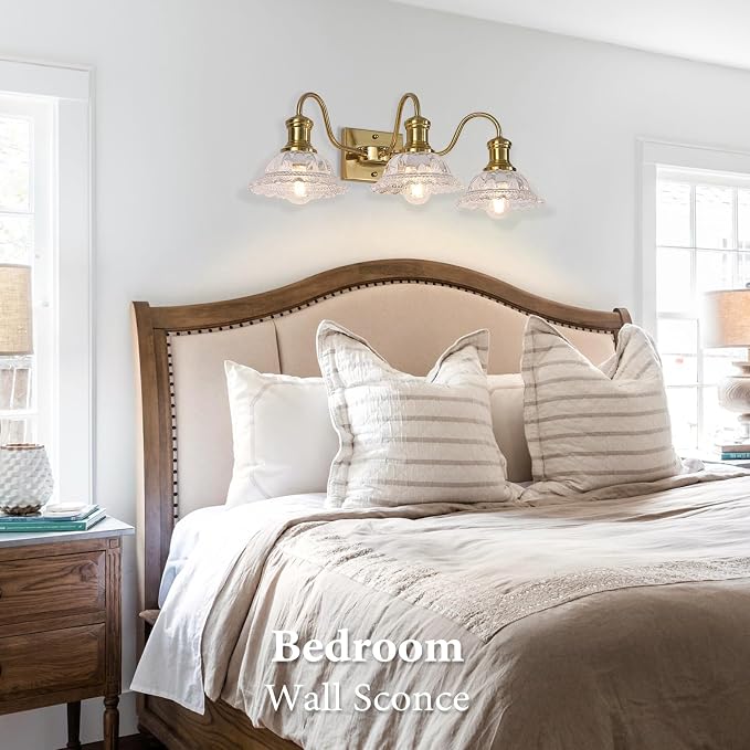 Champagne Gold Vanity Lights, 3-Light Bathroom Light Fixtures with Clear Glass Shade, Vintage Vanity Lights Over Mirror, Farmhouse Wall Light for Bathroom, Vanity Table, Bedroom, Hallway