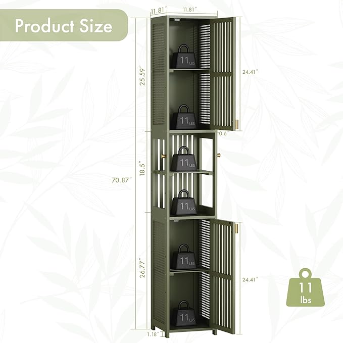 Amazer 70'' Tall Bathroom Storage Cabinet Bamboo, Slim Storage Cabinet with Rattan Door and Adjustable Shelves, Narrow Freestanding Organizer for Living Room Kitchen, Forest Green