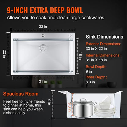 VEVOR 33" Kitchen Workstation, 304 Stainless Steel Top Mount, Built-in Single Bowl Farmhouse with Accessories, Home Dishwasher Sink, for RV, Prep Kitchen and Bar (Black) (Silver, 33IN)