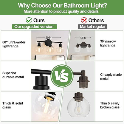 3-Light Bathroom Light Fixtures, Black Bathroom Lights Over Mirror with Clear Glass Globe Shade, Vanity Lights for Bathroom Kitchen Living Room Hallway Cabinet Bedroom Porch.