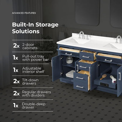 OVE Decors Bailey 60 in. Double Sink Freestanding Midnight Blue Bathroom Vanity with White Quartz Top, Matching Backsplash and Power Bar