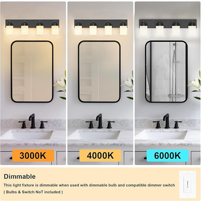 IZORRO Bathroom Vanity Light Fixture, 4-Light 30 Inch Matte Black Bathroom Light Fixtures Over Mirror, with White Glass Shade, Modern Farmhouse Vanity Lights, Rustic Restroom Lighting Fixtures