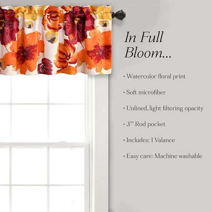 Lush Decor Leah Floral Light Filtering Valance, 52" W x 18" L, Red & Orange - Valances for Windows - Parisian Decor - Farmhouse Kitchen Curtains Valance