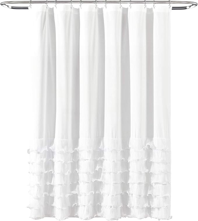Lush Decor Avery Shower Curtain Ruffled Vintage Chic Farmhouse Style Bathroom, 72” x 72”, White