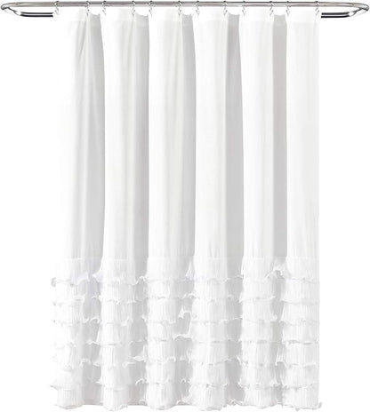 Lush Decor Avery Shower Curtain Ruffled Vintage Chic Farmhouse Style Bathroom, 72” x 72”, White