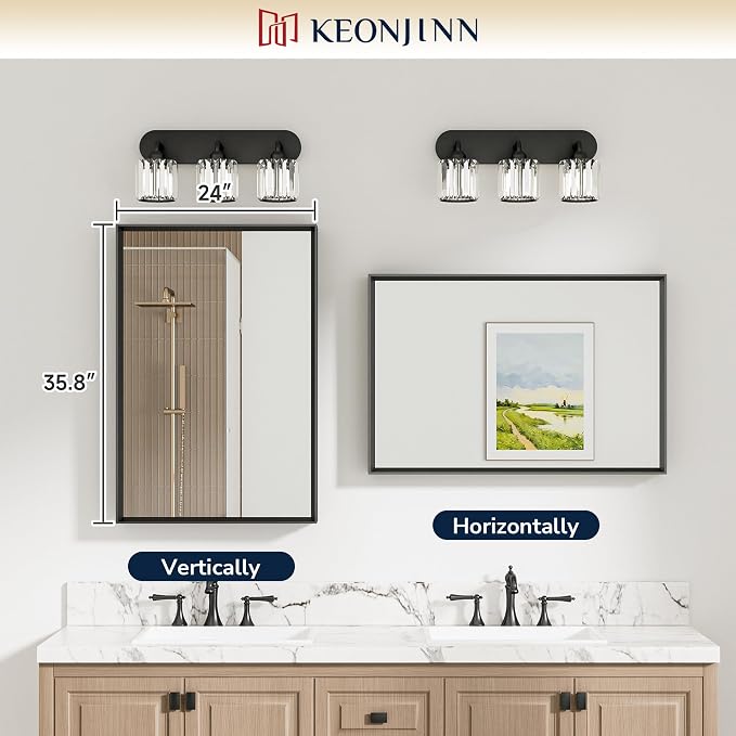 Keonjinn 24" x 36" Black Bathroom Mirrors for Wall, Anti Rust Metal Frame | Rectangular Mirrors for Bathroom Sink, Black Bathroom Vanity Mirror, Square Corner, Safety Tempered Glass, Farmhouse Style