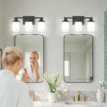 L LOHAS LED 3-Light Bathroom Vanity Light, Black | Milky White Frosted Glass Shades; Wall Sconce for Bathrooms and Bedrooms; ETL Listed