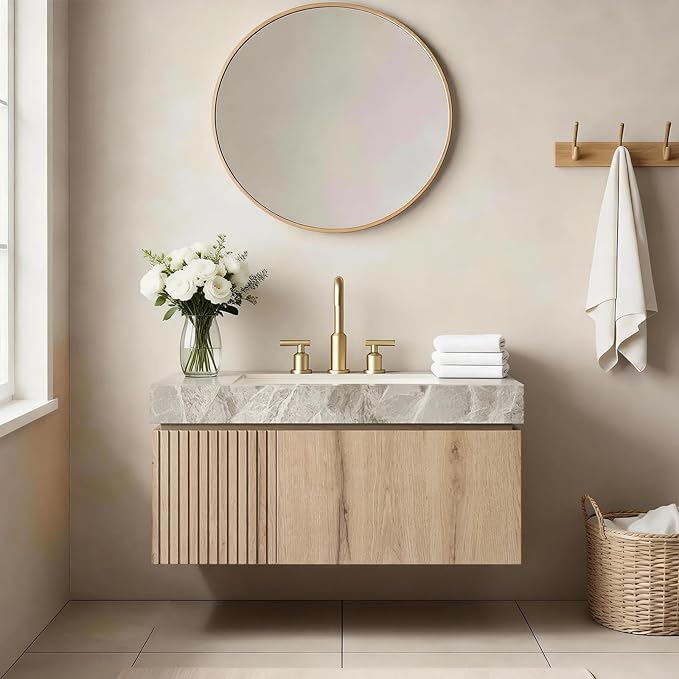 36" Floating Bathroom Vanity with Sink, Modern Plywood Storage Cabinet with Drawer and Door, Gray Sintered Stone Top and 3 Pre-drilled Faucet Holes Ceramic Basin, Pre-Assembled, Light Oak