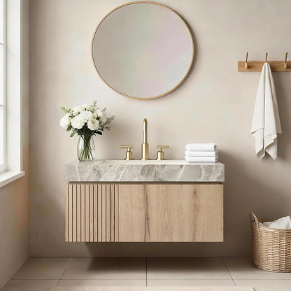 36" Floating Bathroom Vanity with Sink, Modern Plywood Storage Cabinet with Drawer and Door, Gray Sintered Stone Top and 3 Pre-drilled Faucet Holes Ceramic Basin, Pre-Assembled, Light Oak