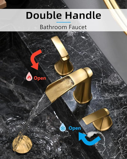 Fapully Brushed Gold Bathroom Faucet 3 Hole, Waterfall 8 Inch Widespread Bathroom Sink Faucet with Pop-up Drain, Two-Handle Faucet for Bathroom Sink