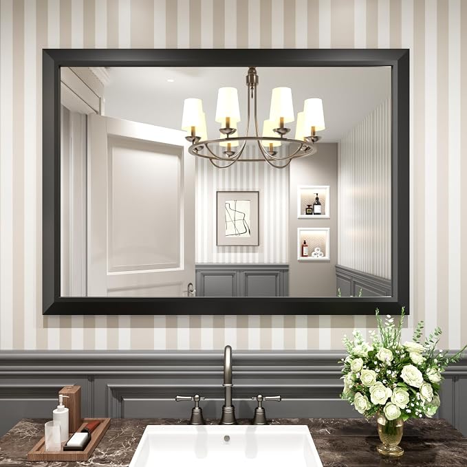 Black Bathroom Mirror, 48x35 Inch | Thick Metal Framed, HD Reflection, Anti-Rust, Hang Horizontally/Vertically, Suitable for Vanity, Bedroom, Bathroom, Entryway