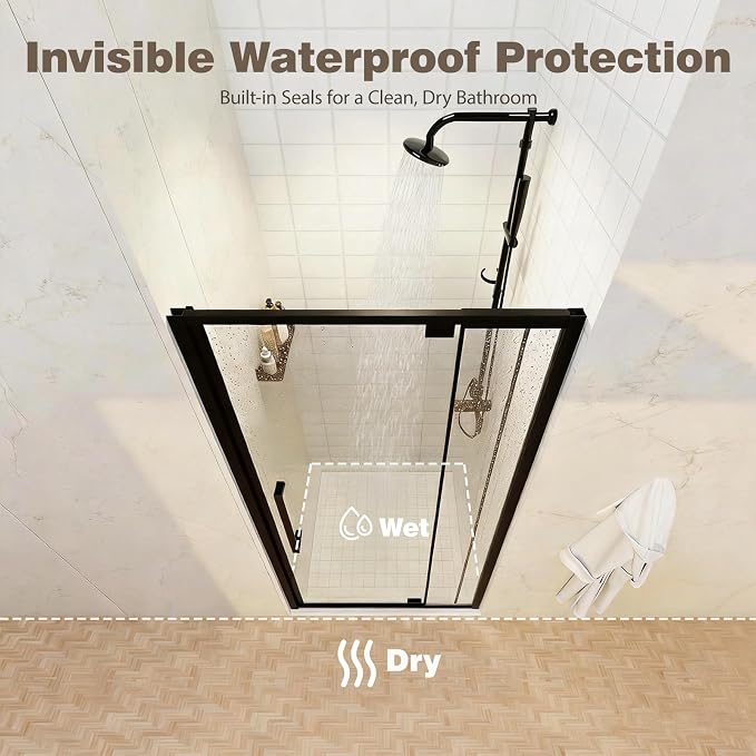 32-36" W x 72" H Semi-Frameless Pivot Swing Shower Doors | 1/4" (6mm) Clear SGCC Tempered Glass with a 20.3" walk-in opening, Matte Black Finish, Reversible, Magnetic Closing