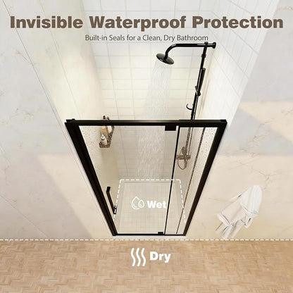 32-36" W x 72" H Semi-Frameless Pivot Swing Shower Doors | 1/4" (6mm) Clear SGCC Tempered Glass with a 20.3" walk-in opening, Matte Black Finish, Reversible, Magnetic Closing